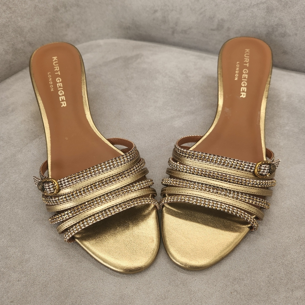 Kurt Geiger Wedge Sandals 5.5 Gold Bronze Pierra Slides Logo Strappy New $145